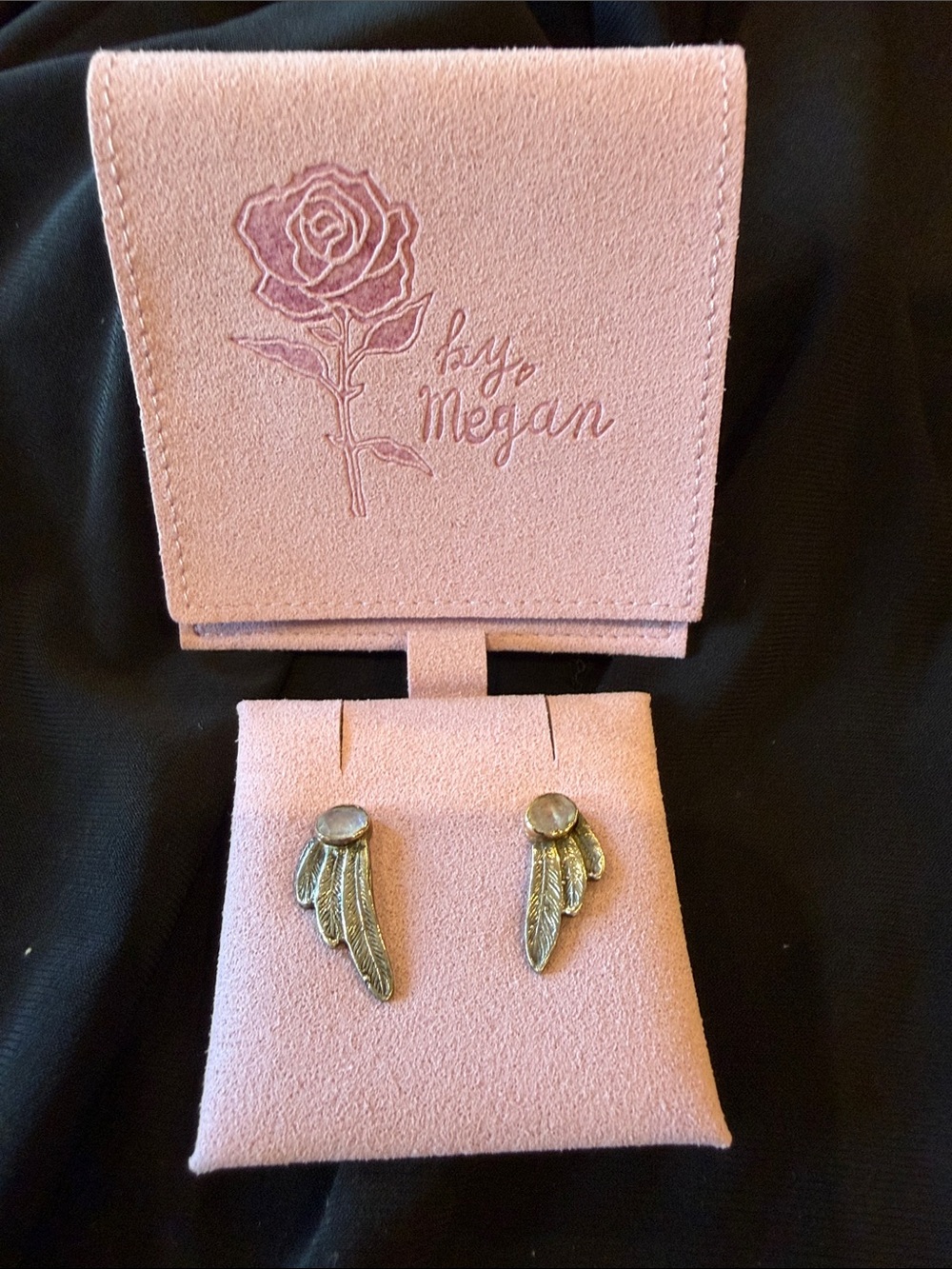 Silver Wing with opalite Stud Earrings - Pink Jewelry Case Included